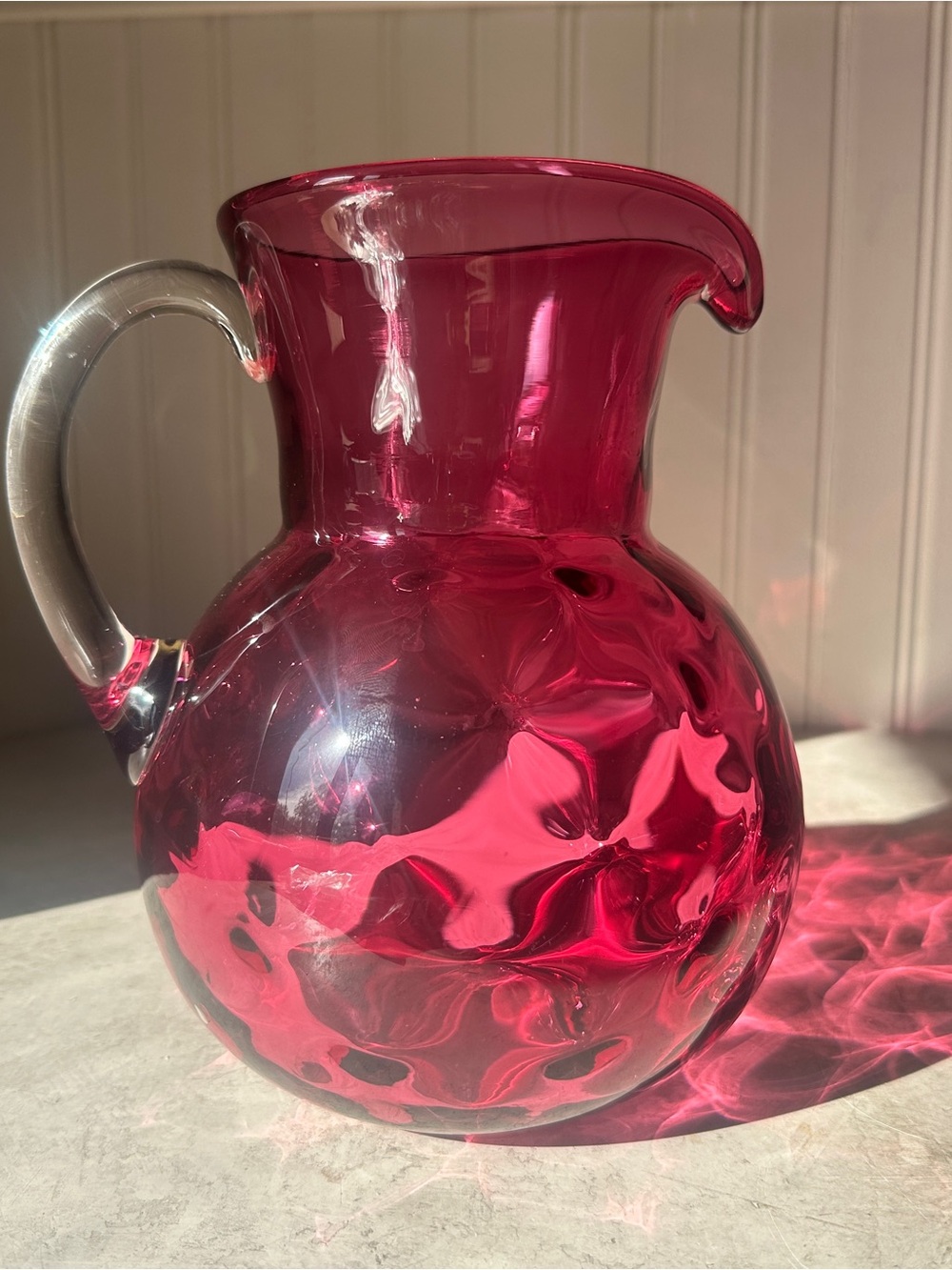 Pilgrim Pink Glass Cranberry Pitcher Dimple Inverted Quilted EUC 8” x 7” Vintage